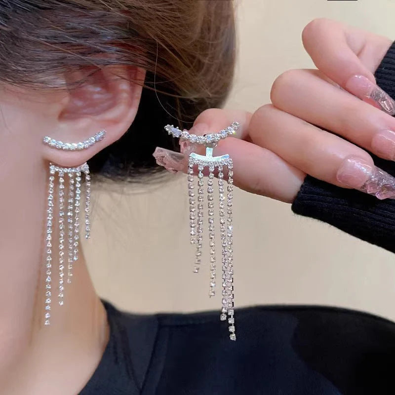 Sparkling zircon tassel earrings in sterling silver, featuring dazzling gems and flowing tassels for a bold, fashionable look.