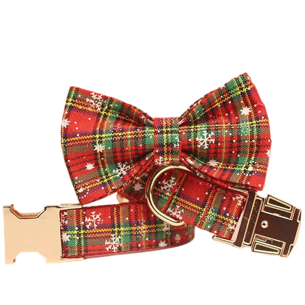Red snowflake plaid Christmas dog collar and leash set with matching floral vest and bow accessory