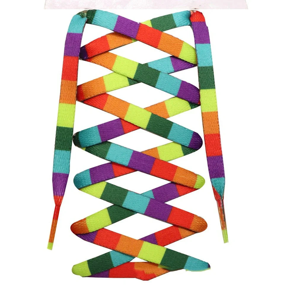 Pair of square rainbow gradient woven shoelaces, 0.8cm wide, lengths 80-200cm, fade-resistant for unisex shoes