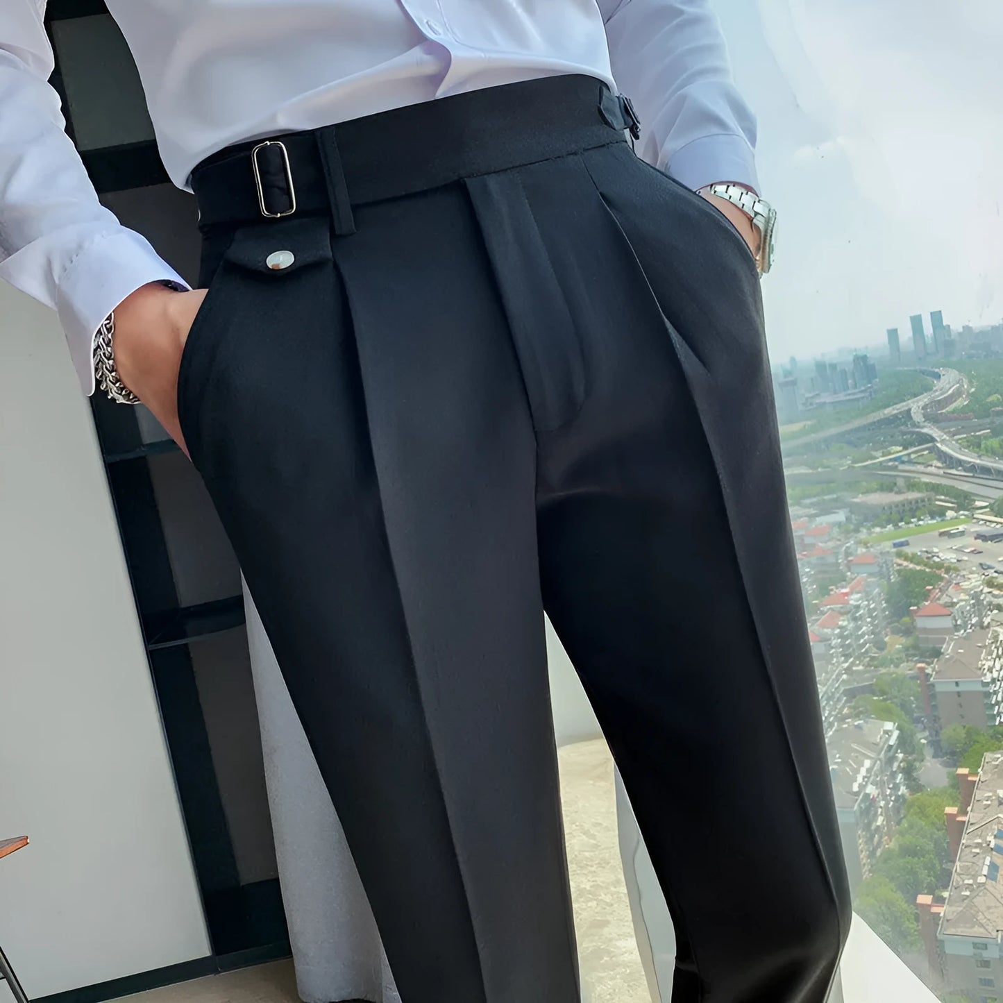 Straight-leg casual trousers in solid khaki colour on a hanger, showing the classic fit.