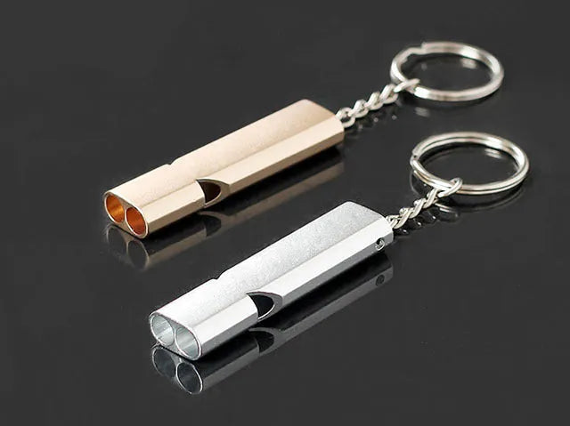 Double hole high-frequency aluminium alloy outdoor whistle in silver or gold for survival and camping
