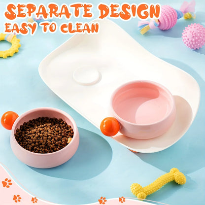 Ceramic raised pet bowl set with two bowls and non-slip base in pink, yellow and pink-yellow colours