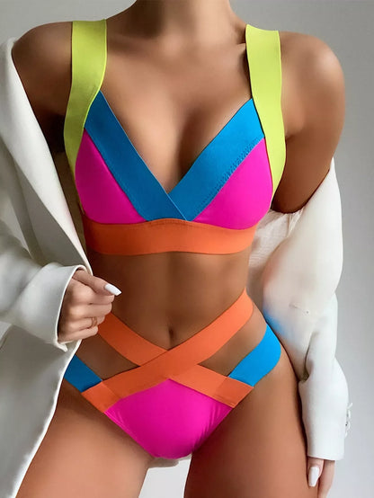Ladies Colorful Bandage Bikini Triangle Bag Swimsuit in black and red
