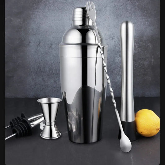 23-piece stainless steel cocktail set with shaker, jigger, strainer, and tools for home bar mixing