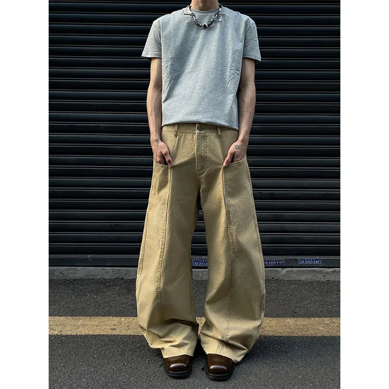 Men's khaki straight leg cotton trousers showing American retro casual styling