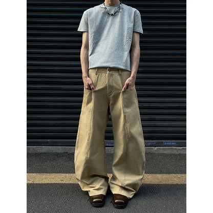 Men's khaki straight leg cotton trousers showing American retro casual styling