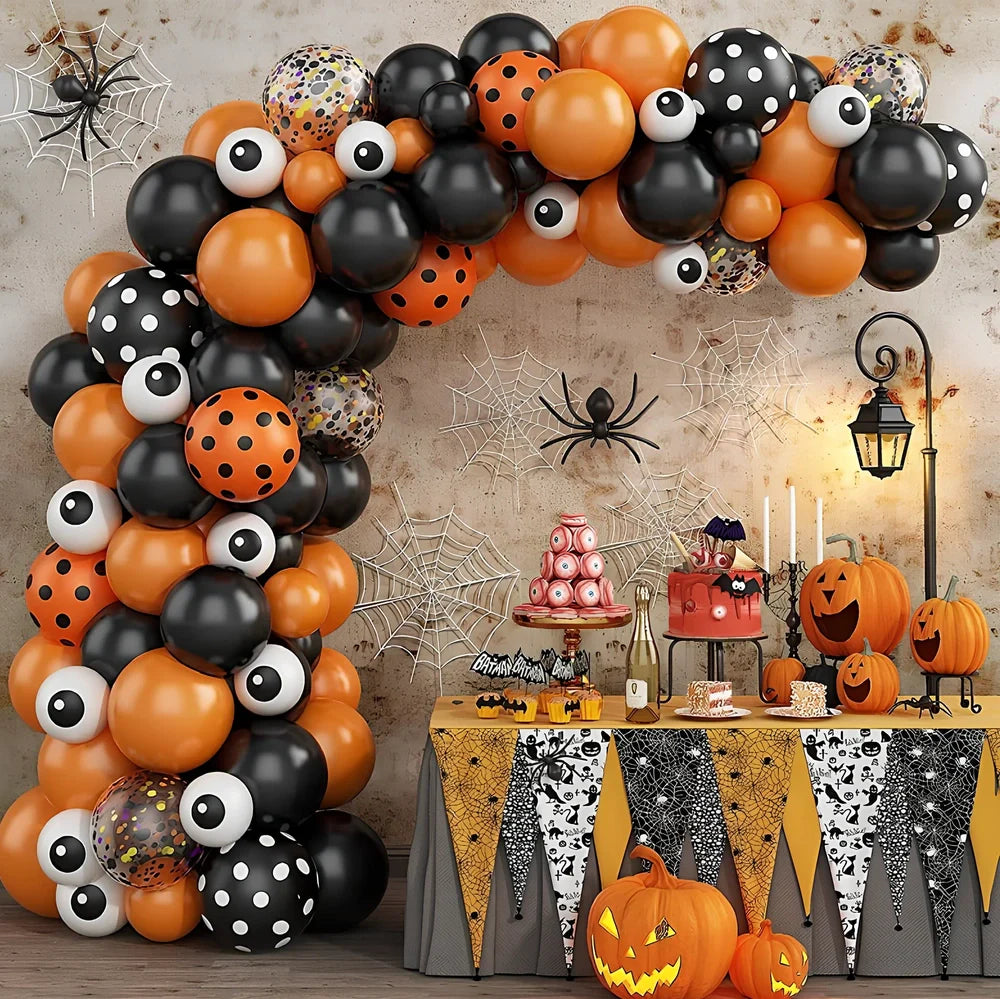 Halloween latex balloon set with bat designs, 12-inch black and orange balloons, 10m chain, and ribbons for party decor