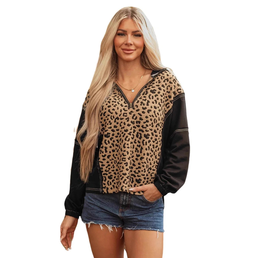 Brown leopard print women's V-neck long sleeve polyester sweater with loose fit