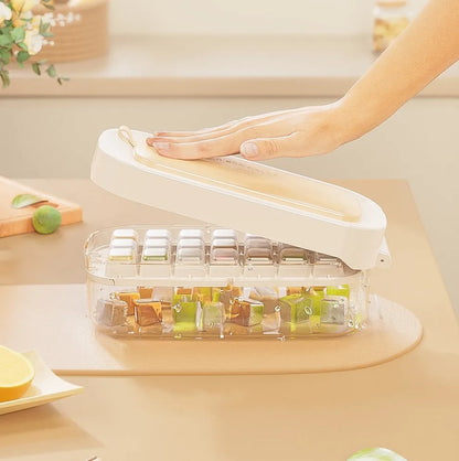 Yellow and blue food grade plastic ice cube trays with ice shovel stored in dedicated slot