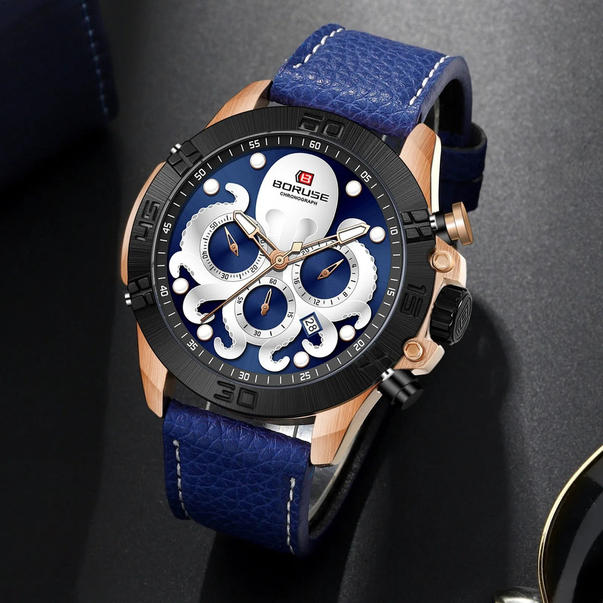 Octopus men's waterproof luminous quartz watch with blue or black colour options