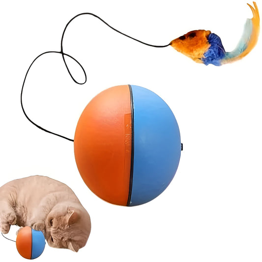 Interactive cat toy ball with blue and orange plush mouse measuring 8.5cm × 8.5cm × 9cm