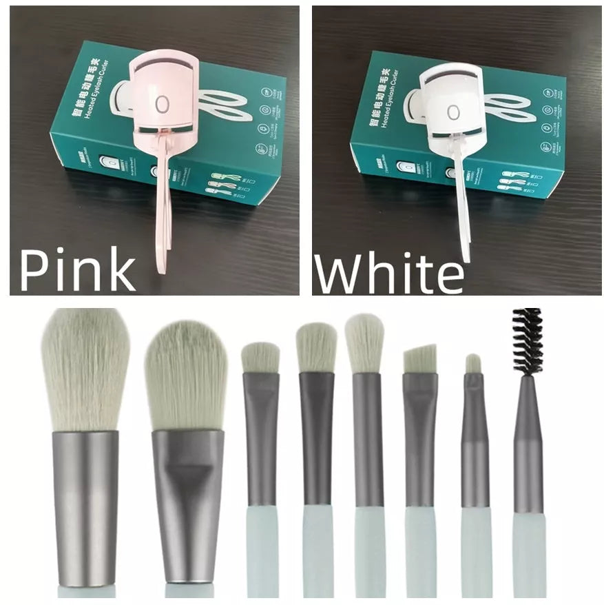 Electric Heating Eyelash Curler in white, pink, and green colors for safe, effective lash curling