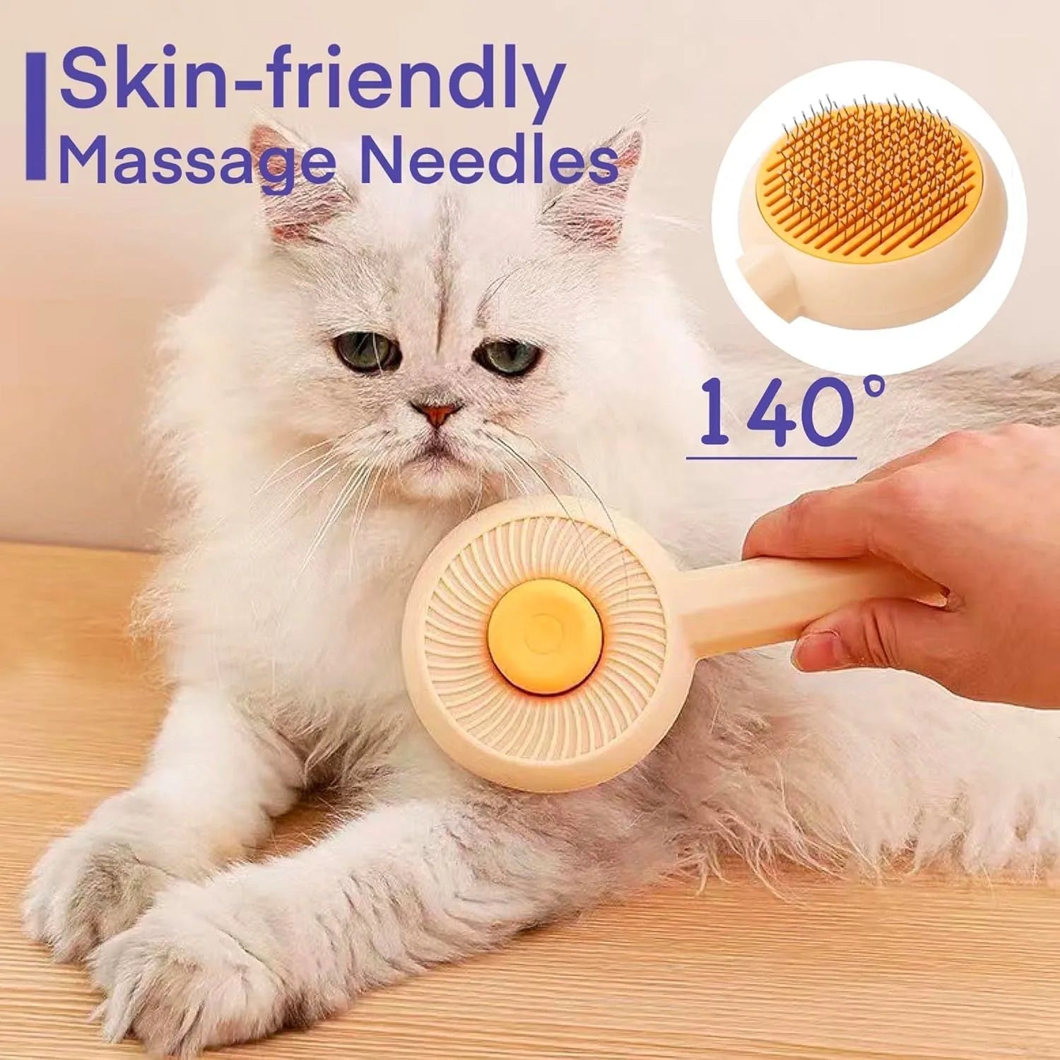 Blue and yellow self-cleaning pet grooming brush with angled metal needles and a push-button on the handle.