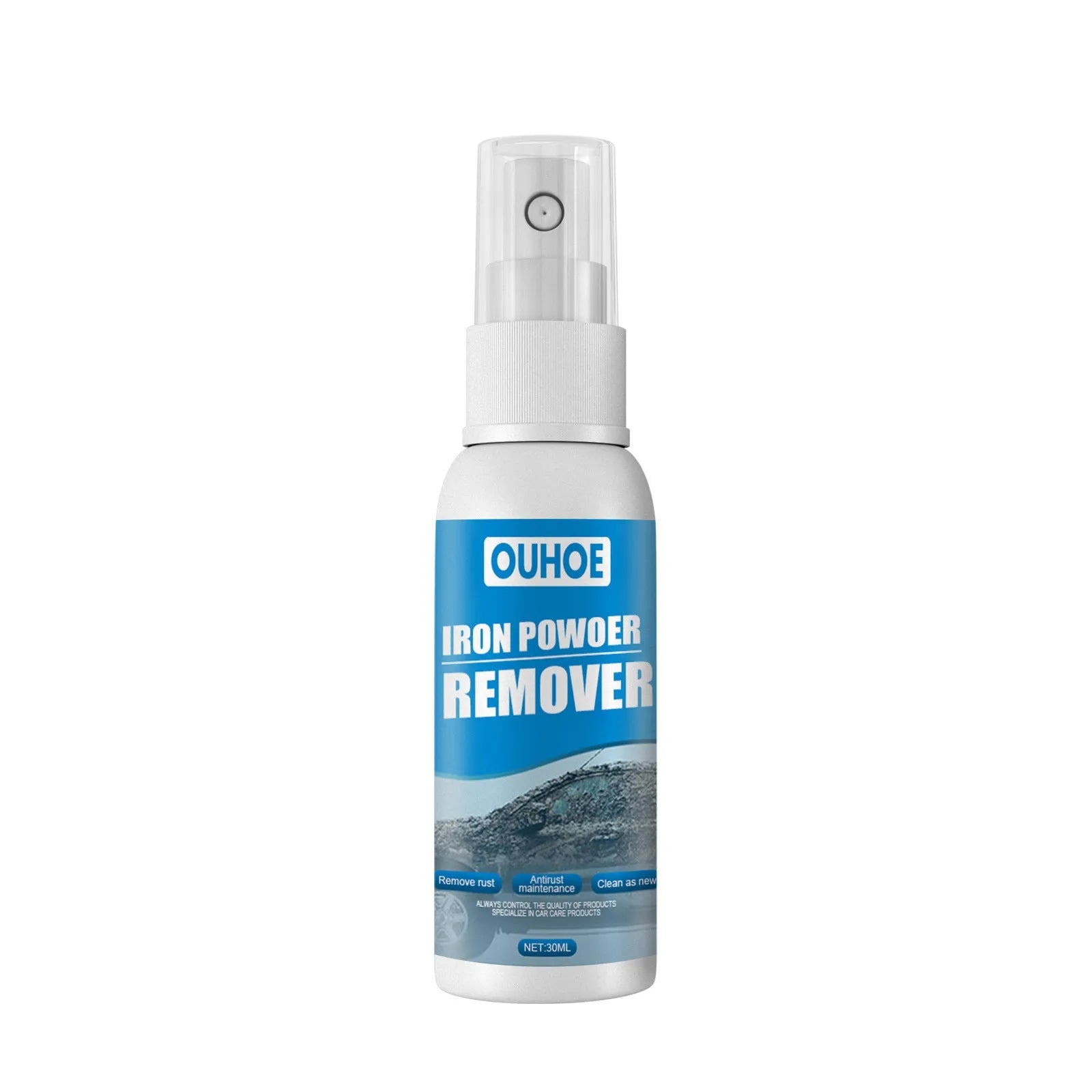 Blue square sponge and spray bottle of car iron powder rust remover