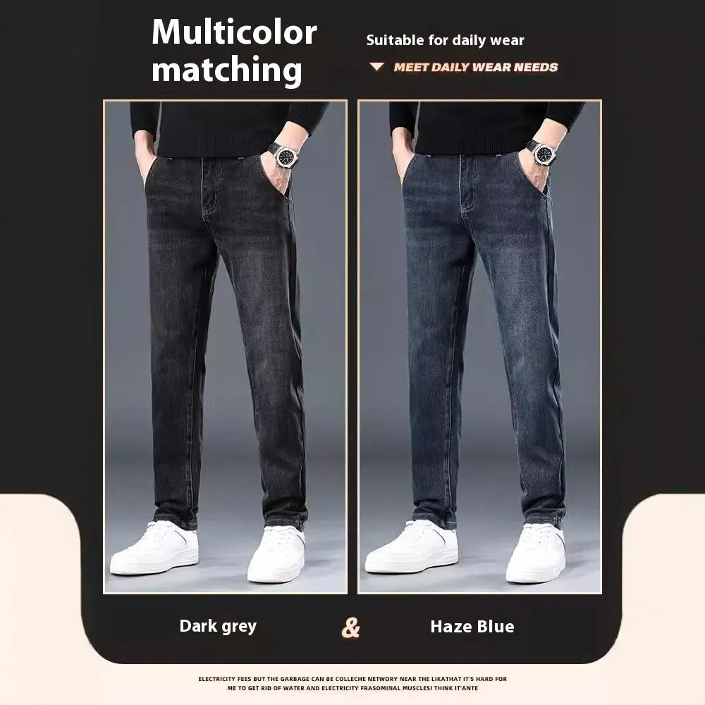Blue grey slim straight trousers with micro-elasticity waistband on teenage model for summer street fashion