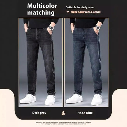 Blue grey slim straight trousers with micro-elasticity waistband on teenage model for summer street fashion