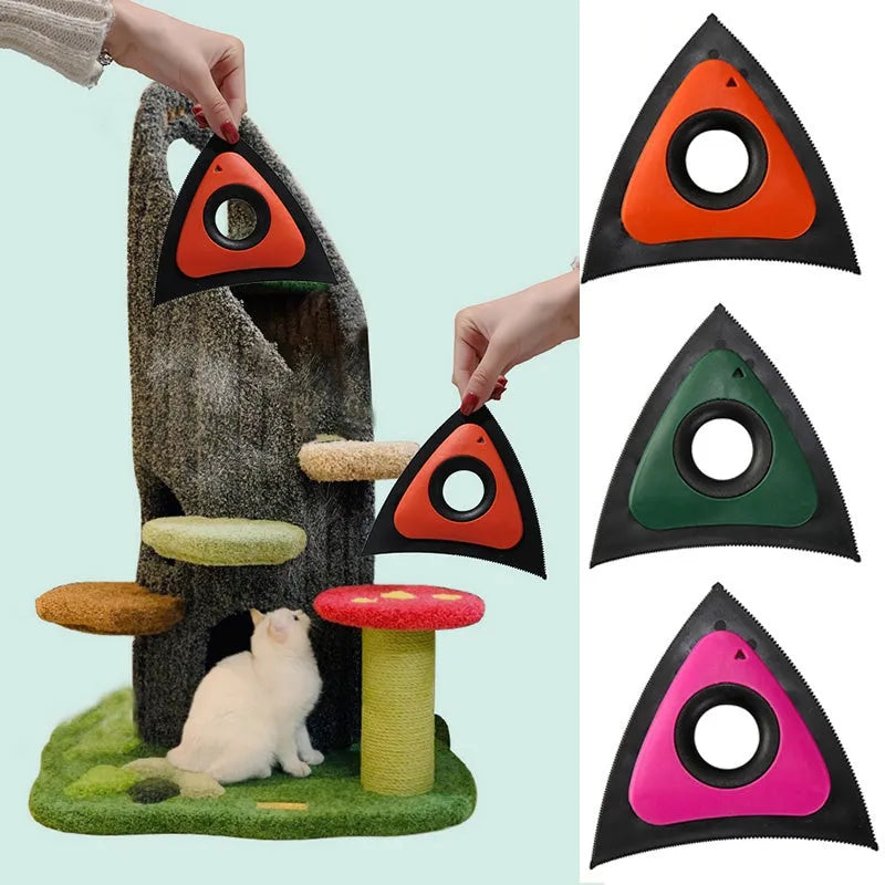 Triangular ABS pet hair remover brush in red, green or orange with bow-shaped handle and three gear densities