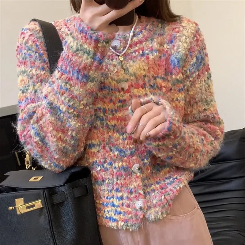 Pink and green retro style knitted cardigan with slim fit and toothbrush hair fabric