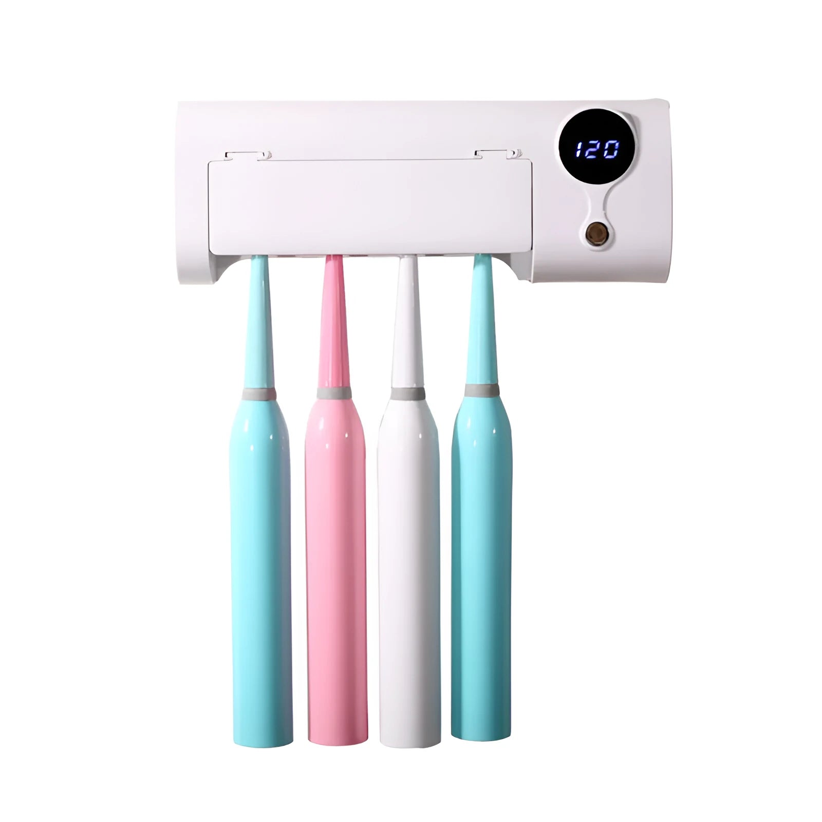 White wall-mounted smart toothbrush steriliser holder with UV disinfection and USB charging port