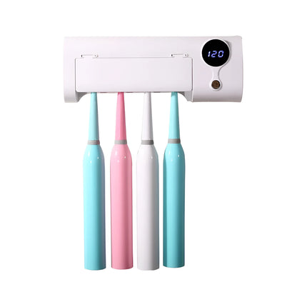 White wall-mounted smart toothbrush steriliser holder with UV disinfection and USB charging port