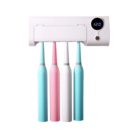 White wall-mounted smart toothbrush steriliser holder with UV disinfection and USB charging port