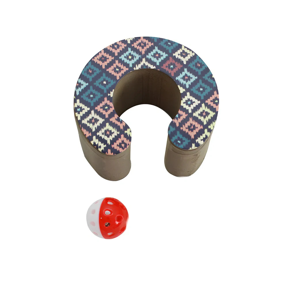 Foldable green cat patterned corrugated paper scratching board with dangling ball, wear-resistant design