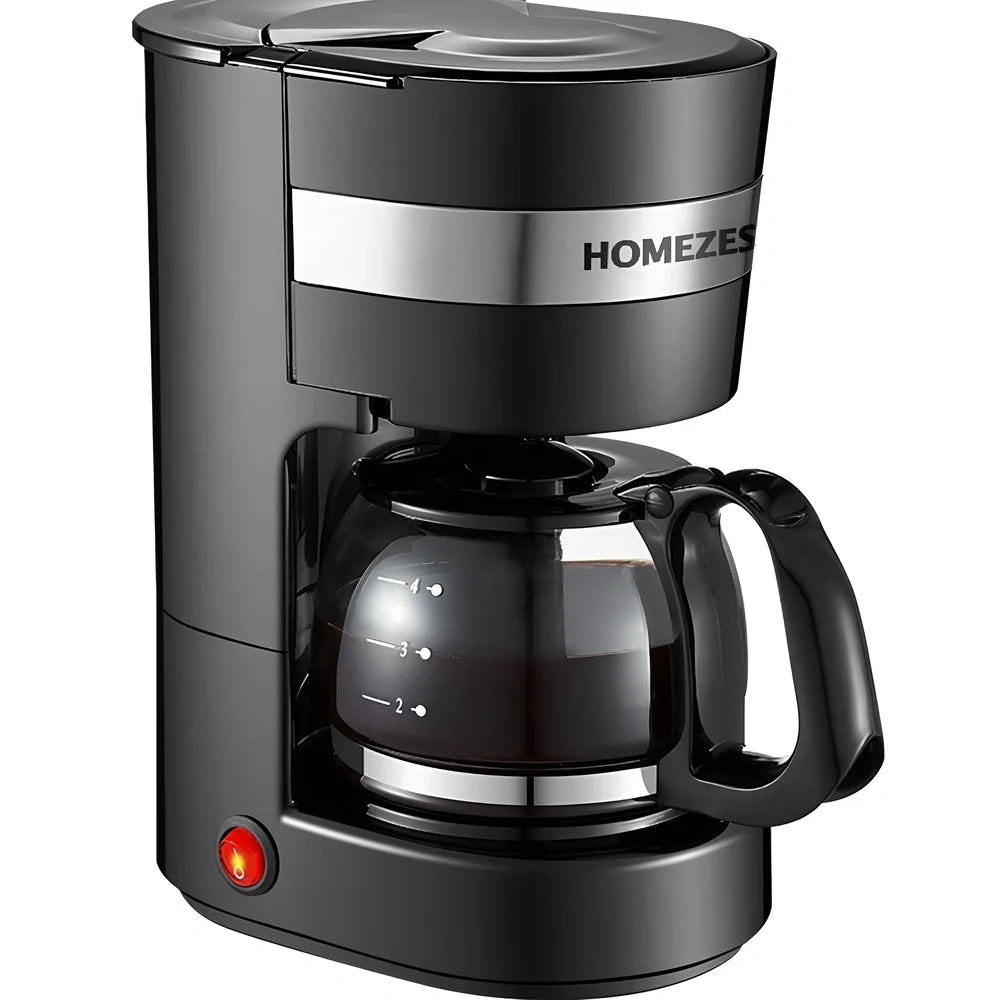 Black automatic drip coffee maker with glass pot, 0.65L capacity for 4-6 cups