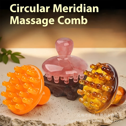 Disc-shaped head massage comb with 21 circular teeth, shown in brown and yellow colour options.