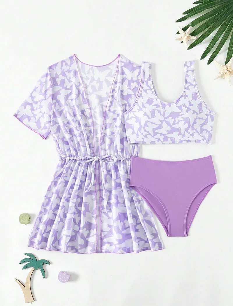 Girls' three-piece split cover print swimsuit set in colour 3218, sizes 8Y to 12Y.