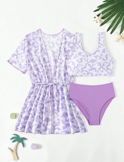 Girls' three-piece split cover print swimsuit set in colour 3218, sizes 8Y to 12Y.