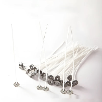 White cotton candle wicks in three lengths: 2.6cm, 6cm, and 8cm, for DIY candle making.