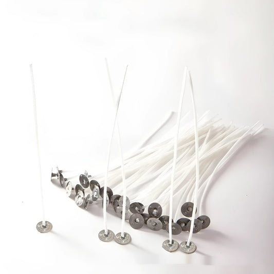 White cotton candle wicks in three lengths: 2.6cm, 6cm, and 8cm, for DIY candle making.