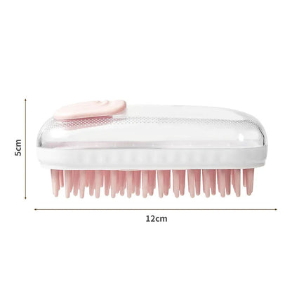 Flexible silicone pet bath brush with an adjustable hand strap in grey and pink colour options.