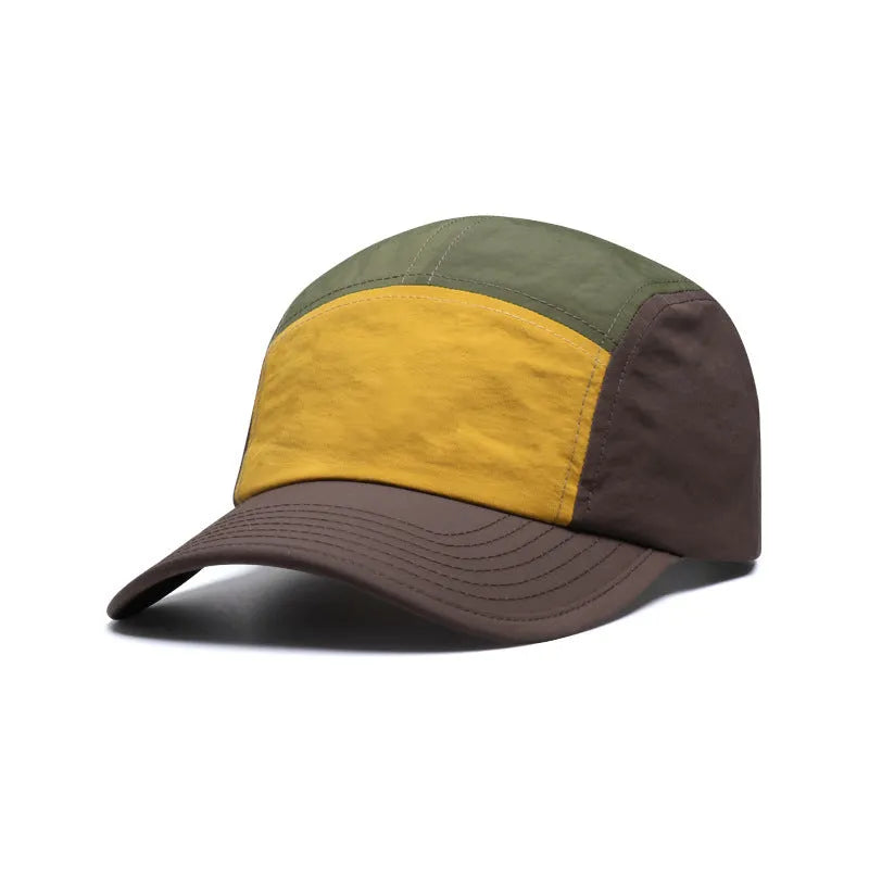 Men's khaki baseball cap with curved brim showing five-panel construction and adjustable strap