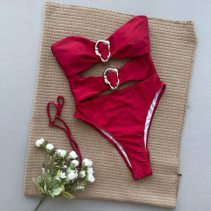 Women's solid colour one-piece swimsuit in black, brown, or red with nylon spandex lining, sizes S M L