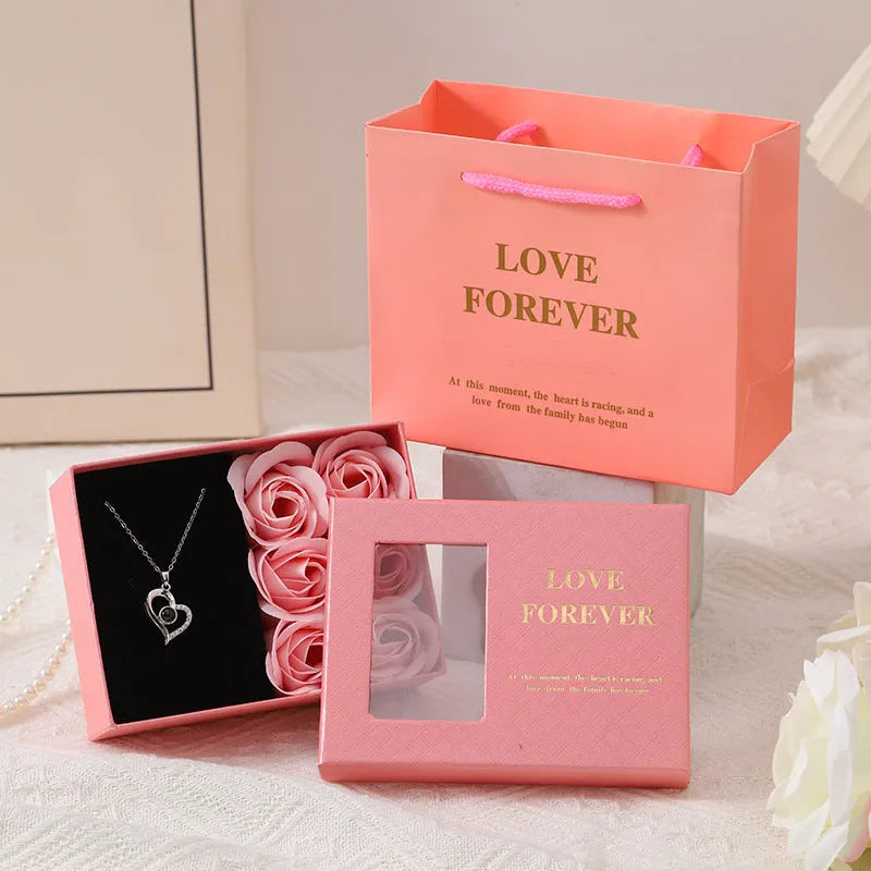 Red soap flower gift set in Korean-style box measuring 12.5cm with handbag