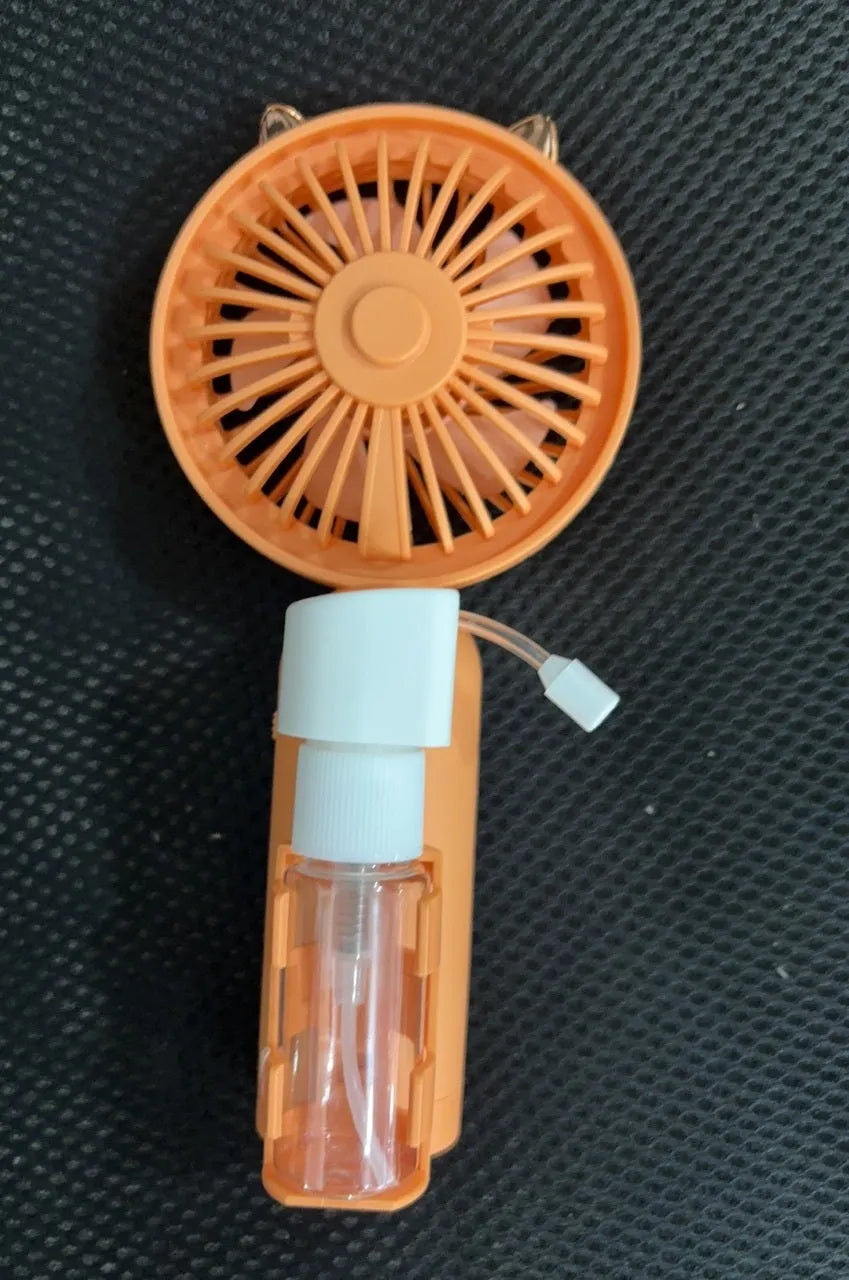 Plastic nozzle fan in multiple colours with USB charging cable, measuring 20cm long on desk surface