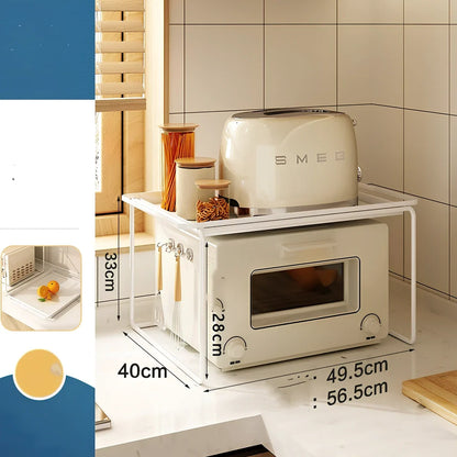 Korean style iron microwave shelf with plating finish and storage tray for kitchen organisation