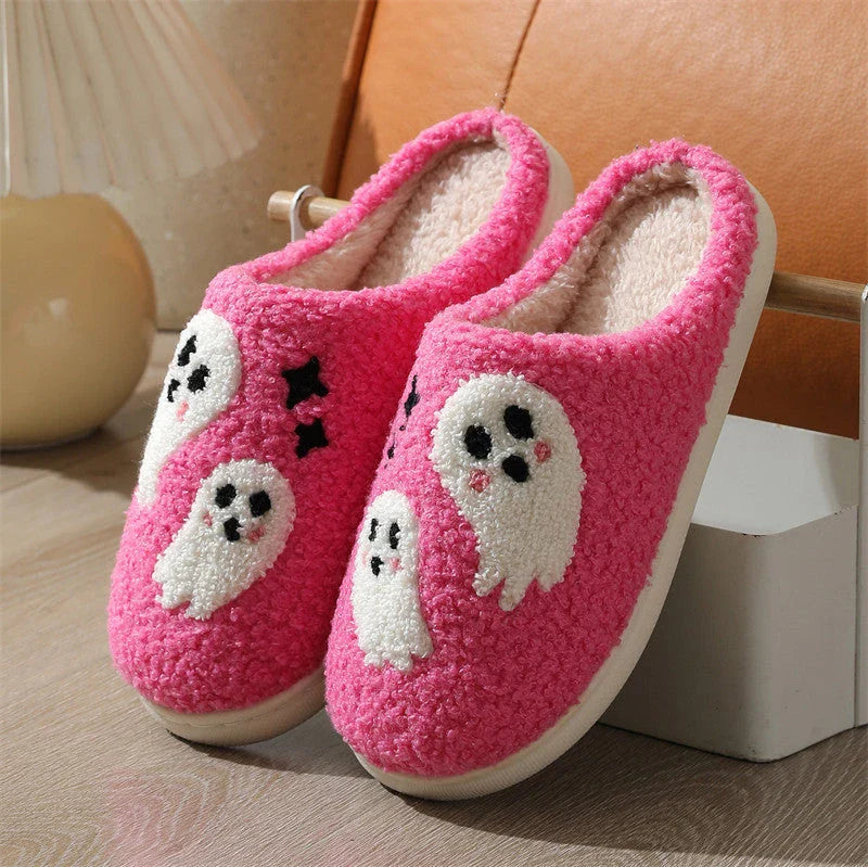 Cozy Halloween ghost slippers for women with soft cotton construction and non-slip rubber soles