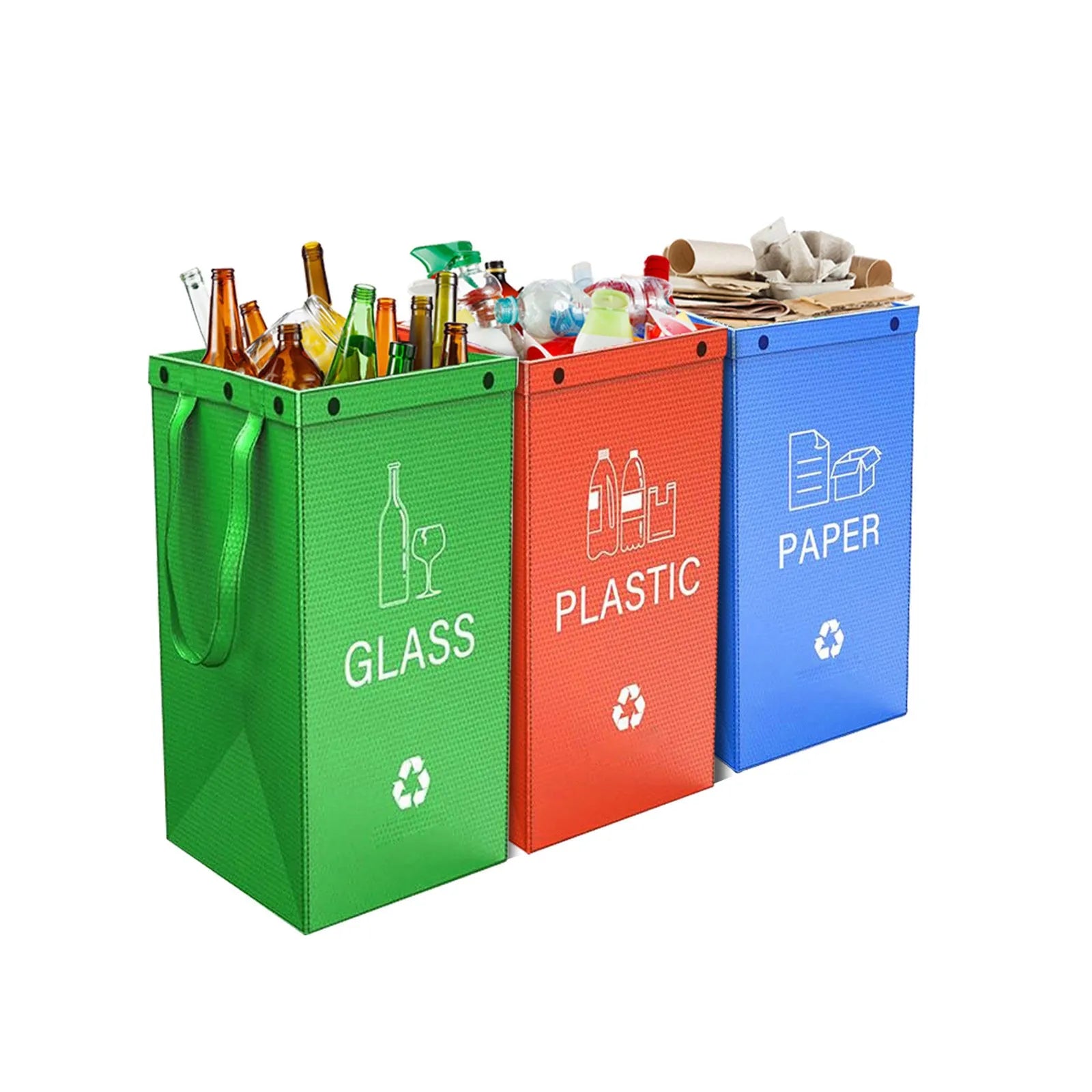 Handbag-style 40-litre garbage bin in blue, showing sorting compartments and 30x50x30cm dimensions