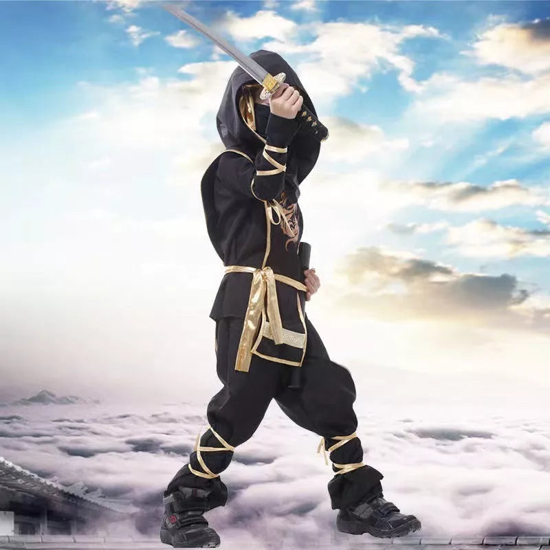Halloween children's anime character costume set in black and gold, includes coat, pants, armor, mask, belt, headdress, and bindings