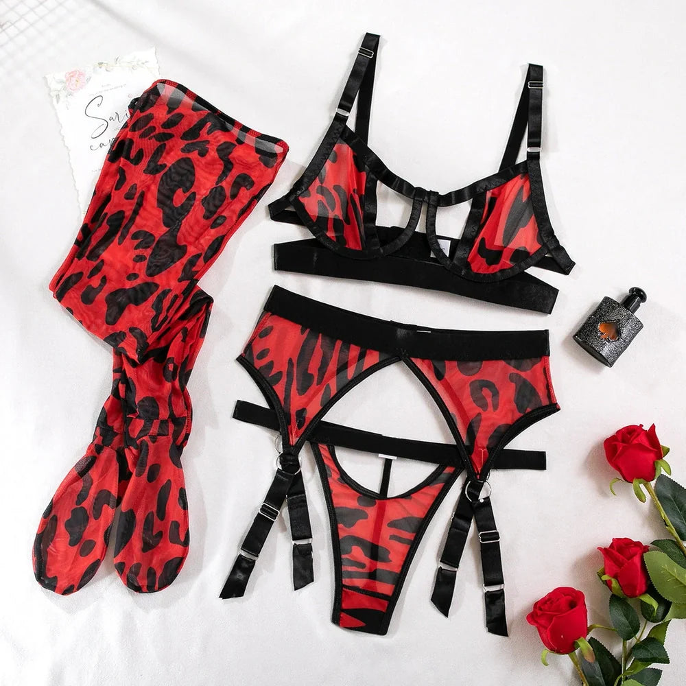 Wild leopard print mesh lingerie set with hollow back design and fixed double-shoulder straps