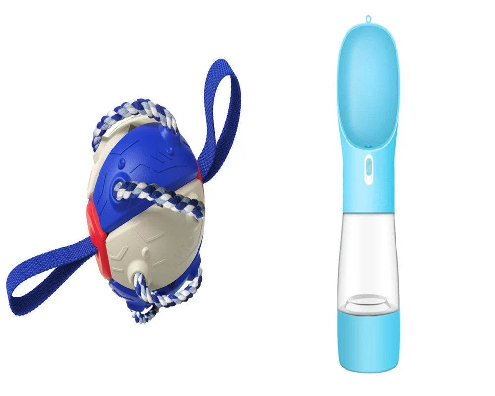 Transforming dog toy that can switch between a ball and frisbee shape, featuring durable construction and interactive play features