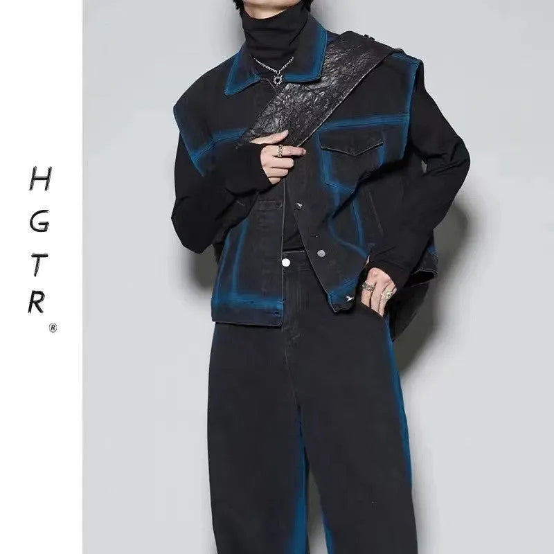 Blue distressed vest and jeans two-piece set with fleece lining, showing spray colour gradient finish and knitwear style