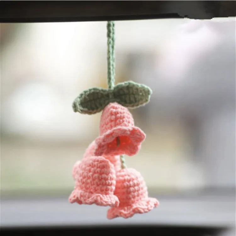 Green and white knitting wool car plant decoration with 8cm base and 25cm hanging rope