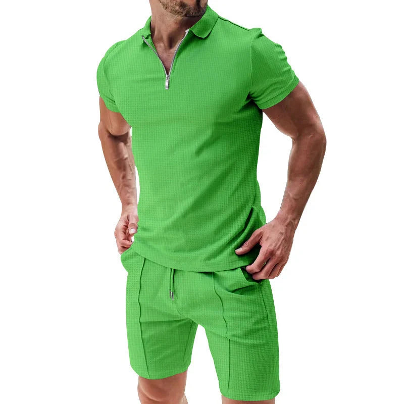 Men's waffle texture summer outfit set with zipper lapel top and drawstring shorts