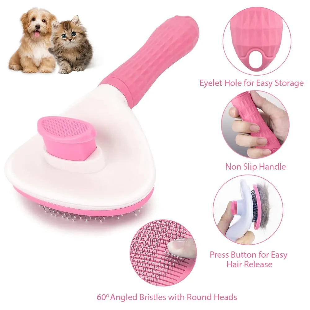 Blue cat brush with release button and fine wire bristles for grooming pets