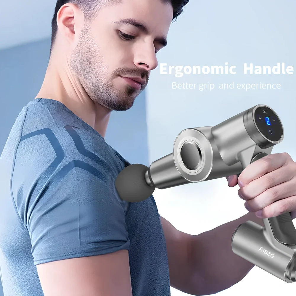 Metallic grey fascia gun with six massage heads in portable luggage case