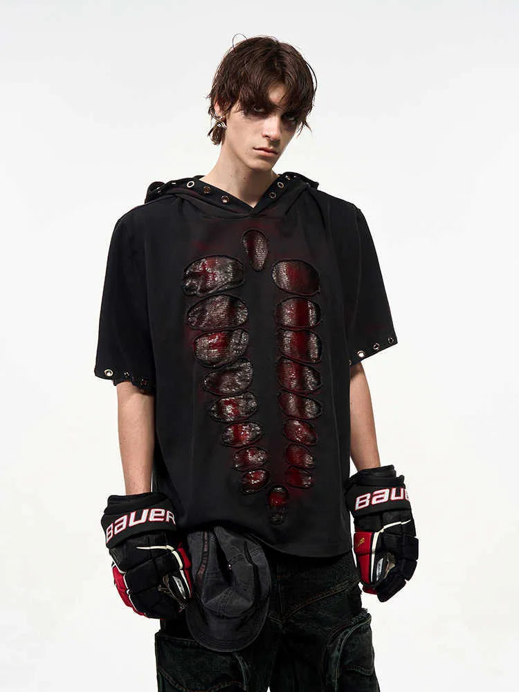 Black men's hooded short-sleeved T-shirt covered in shimmering sequins with a loose fit.