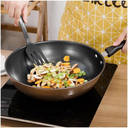 Cast iron three-piece cookware set showing a soup pot, milk pot, and wok with non-stick coating.